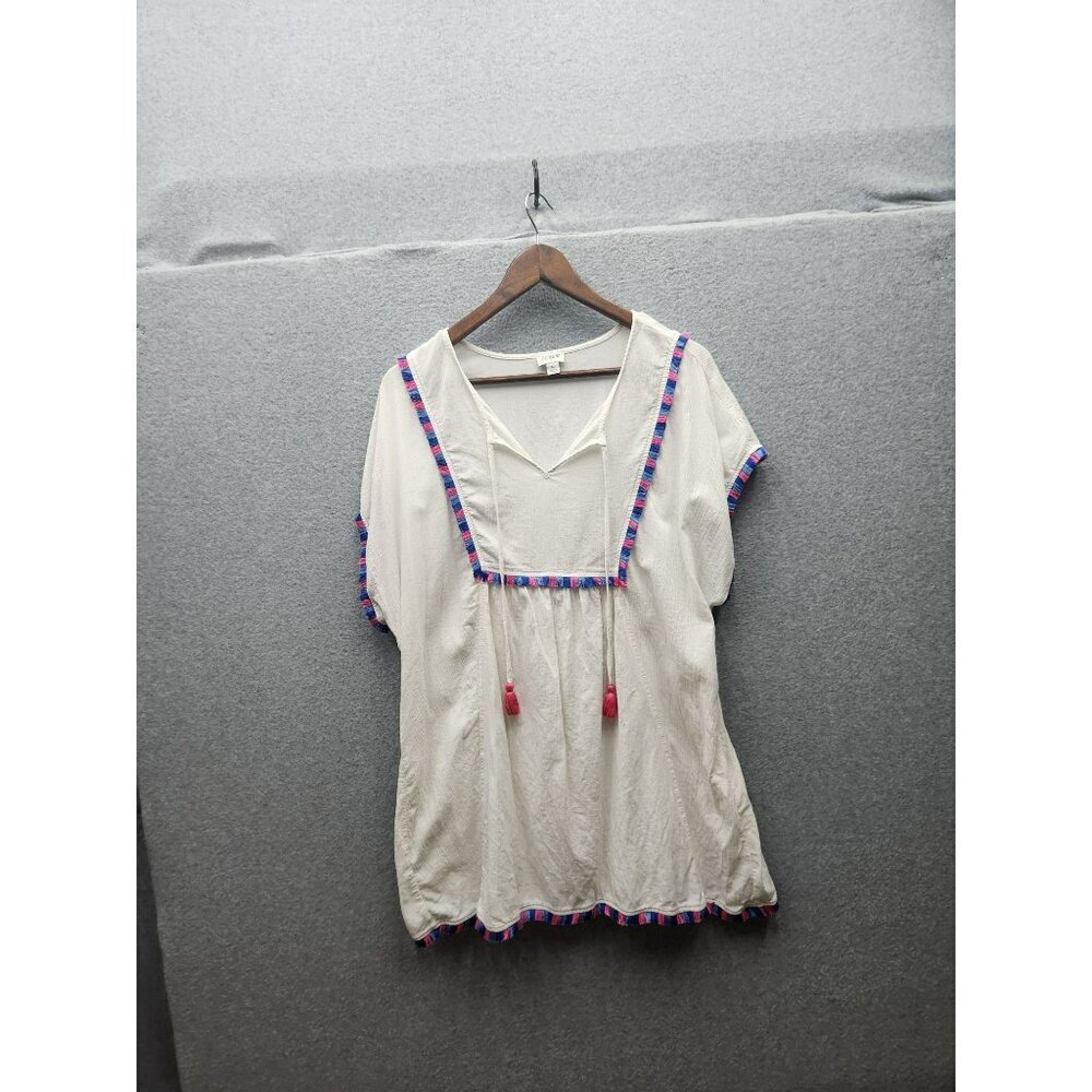 J.Crew White Beach Tunic Top With Colorful Fringe Trim & Tassel Ties L